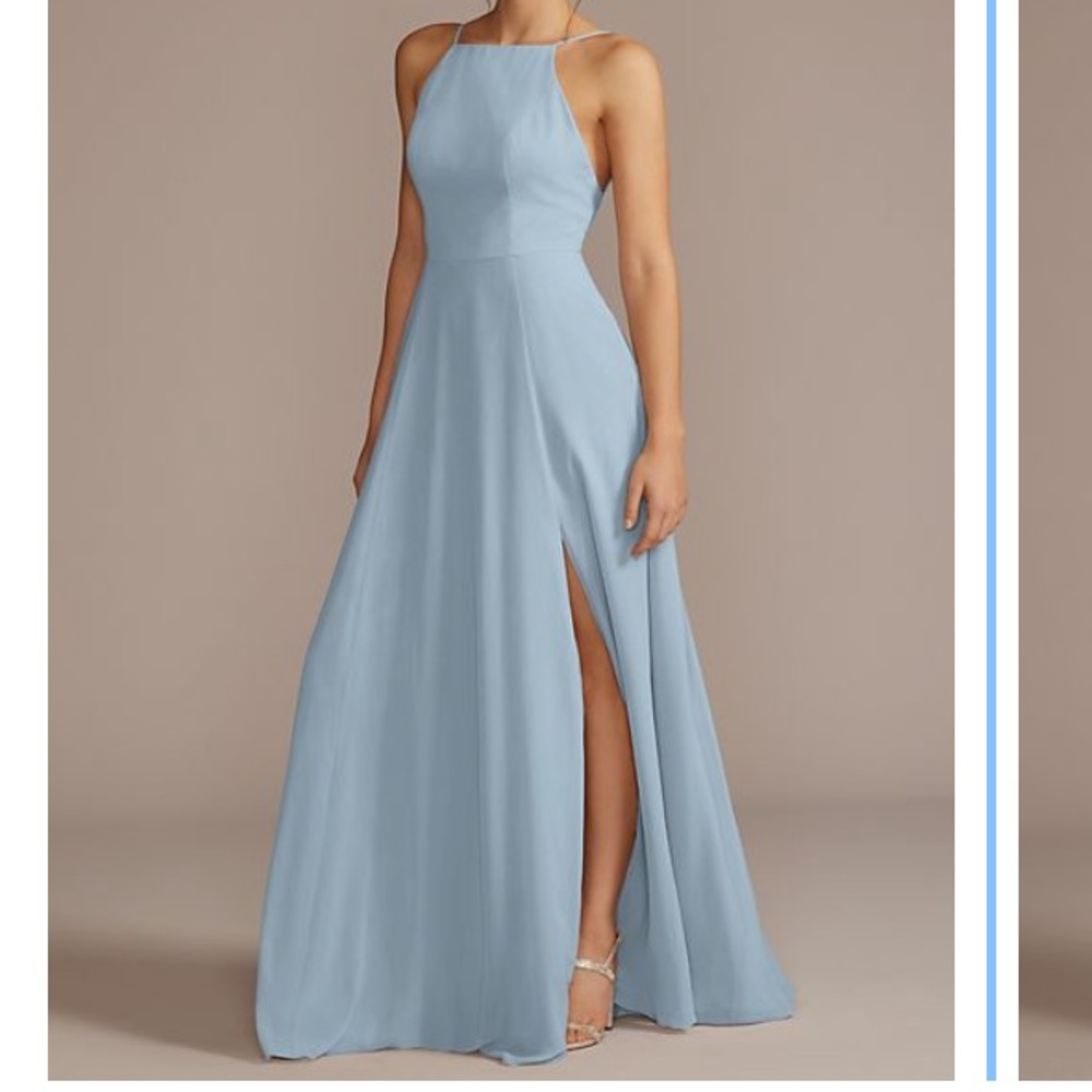 David’s Bridal High Neck Bridesmaids Dress on Dusty Blue